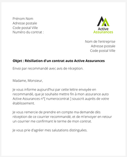 La lettre de résiliation d'un contrat auto Active Assurances