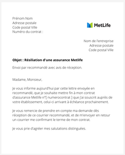 La lettre de résiliation d'une assurance MetLife