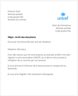 La lettre de résiliation d'un don à l’Unicef