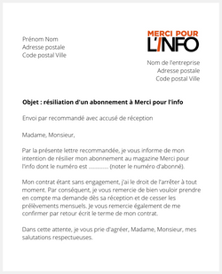 La lettre de résiliation d'un abonnement au magazine Merci pour l'info (ex Dossier Familial)