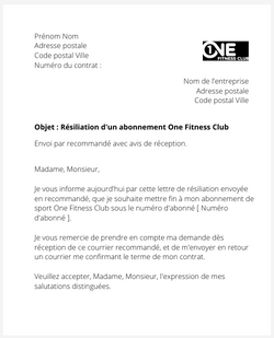 la lettre pour resilier un abonnement one fitness club