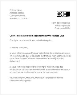 La résiliation d'un abonnement One Fitness Club