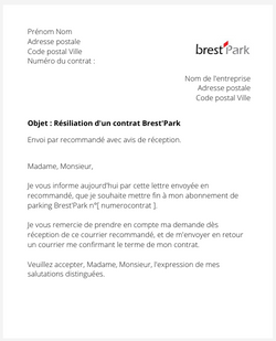 la lettre pour resilier un abonnement de parking brestpark