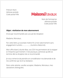 Lettre pour résilier Maison & Travaux