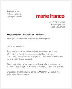 Lettre pour résiliation Marie France