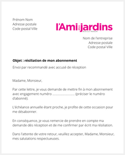 Lettre pour résilier L'Ami des Jardins