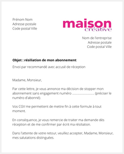 Lettre pour résilier Maison Créative