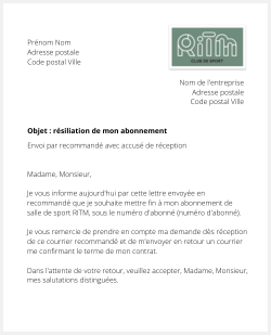 La lettre de résiliation d'un abonnement en salle RITM