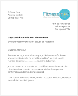 Lettre pour résilier Fitnessmov'