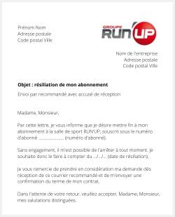 la lettre pour resilier un abonnement de sport run up
