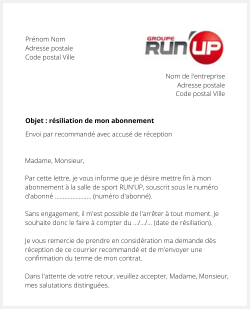 Lettre pour résilier RUN'UP