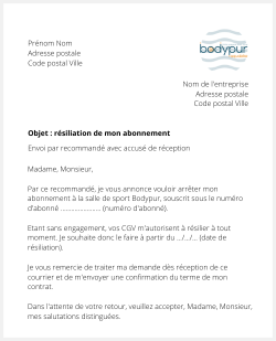 Lettre pour résilier Bodypur