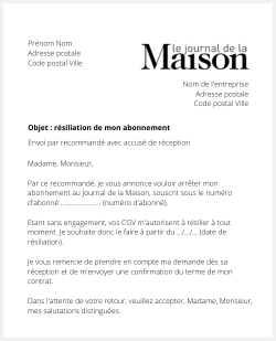 Lettre pour résilier le Journal de la Maison