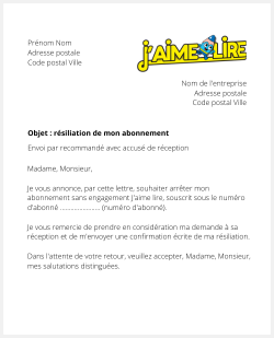 Lettre pour résilier J'aime lire