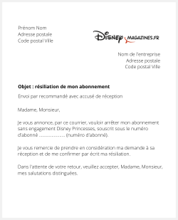 Lettre pour résilier Disney Princesses