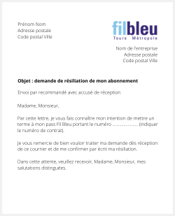 Lettre pour résilier Fil Bleu