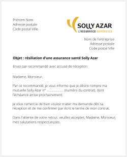 Lettre pour résilier un contrat santé Solly Azar