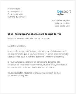 La résiliation d'un abonnement Be Sport Be Free