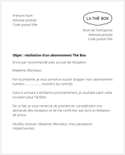 Lettre pour résilier Thé Box