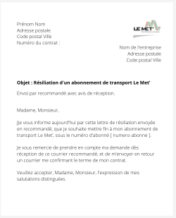 La résiliation d'un titre de transport Le Met'