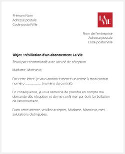 Lettre pour résilier le magazine La Vie