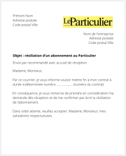 Lettre pour résilier Le Particulier