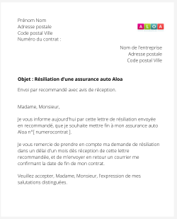 lettre resiliation contrat auto aloa