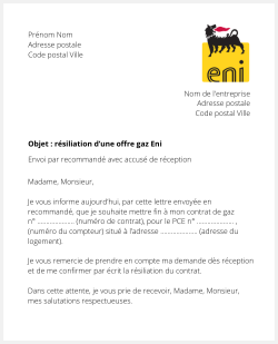 Lettre pour résilier une offre gaz Eni