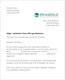 Lettre pour résilier le contrat gaz Ekwateur