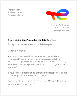 Lettre pour résilier un contrat gaz TotalEnergies