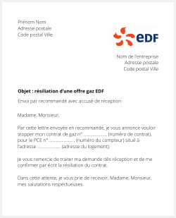 Lettre pour résilier une offre gaz EDF
