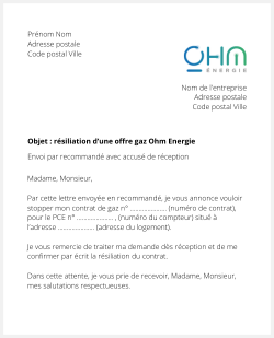 Lettre pour résilier une offre gaz Ohm Énergie