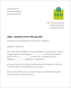 la lettre pour resilier une offre de gaz geg