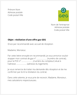 Lettre pour résilier une offre gaz GEG