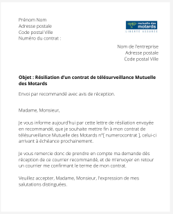 la lettre pour resilier un contrat de telesurveillance mutuelle des motards