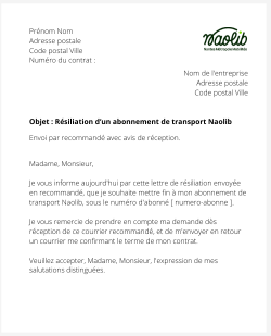 La lettre de résiliation d'un abonnement de transport Naolib