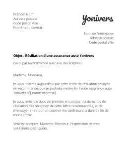 lettre resiliation contrat auto Yonivers