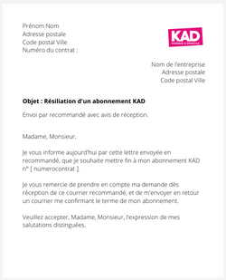 la lettre pour resilier un abonnement souscrit via kad