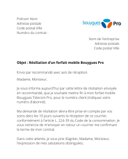 la lettre pour resilier une offre mobile bouygues telecom pro