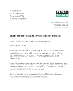 la lettre pour resilier un abonnement canal plus business