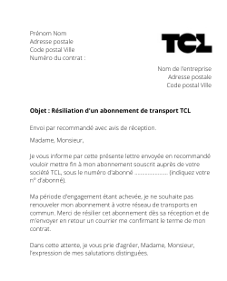 la lettre pour resilier un abonnement de transport tcl