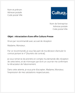 lettre retractation abonnement cultura presse