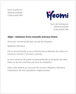 lettre resiliation mutuelle animaux Heomi