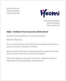 lettre resiliation assurance deces heomi