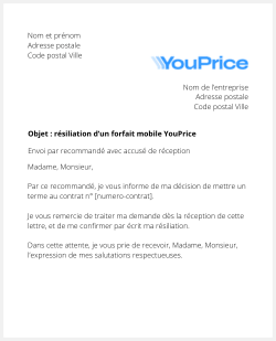 la lettre pour resilier une offre mobile youprice