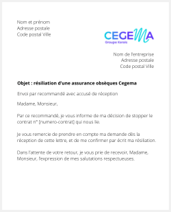 lettre resiliation assurance obseques cegema