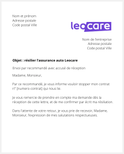 lettre resiliation assurance auto Leocare