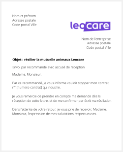 lettre resiliation mutuelle animaux Leocare