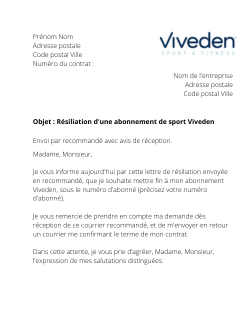 la lettre pour resilier un abonnement de sport viv eden