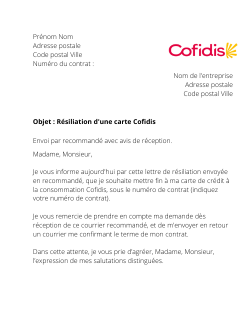 la lettre pour resilier une carte Cofidis
